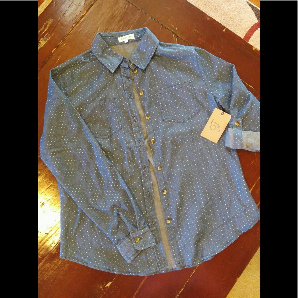 Polka dot button down denim top!!!